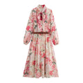 Women's new chic Fashion with Belt bow tie decoration loose flower print MIDI dress retro long sleeved women's dress Mujer