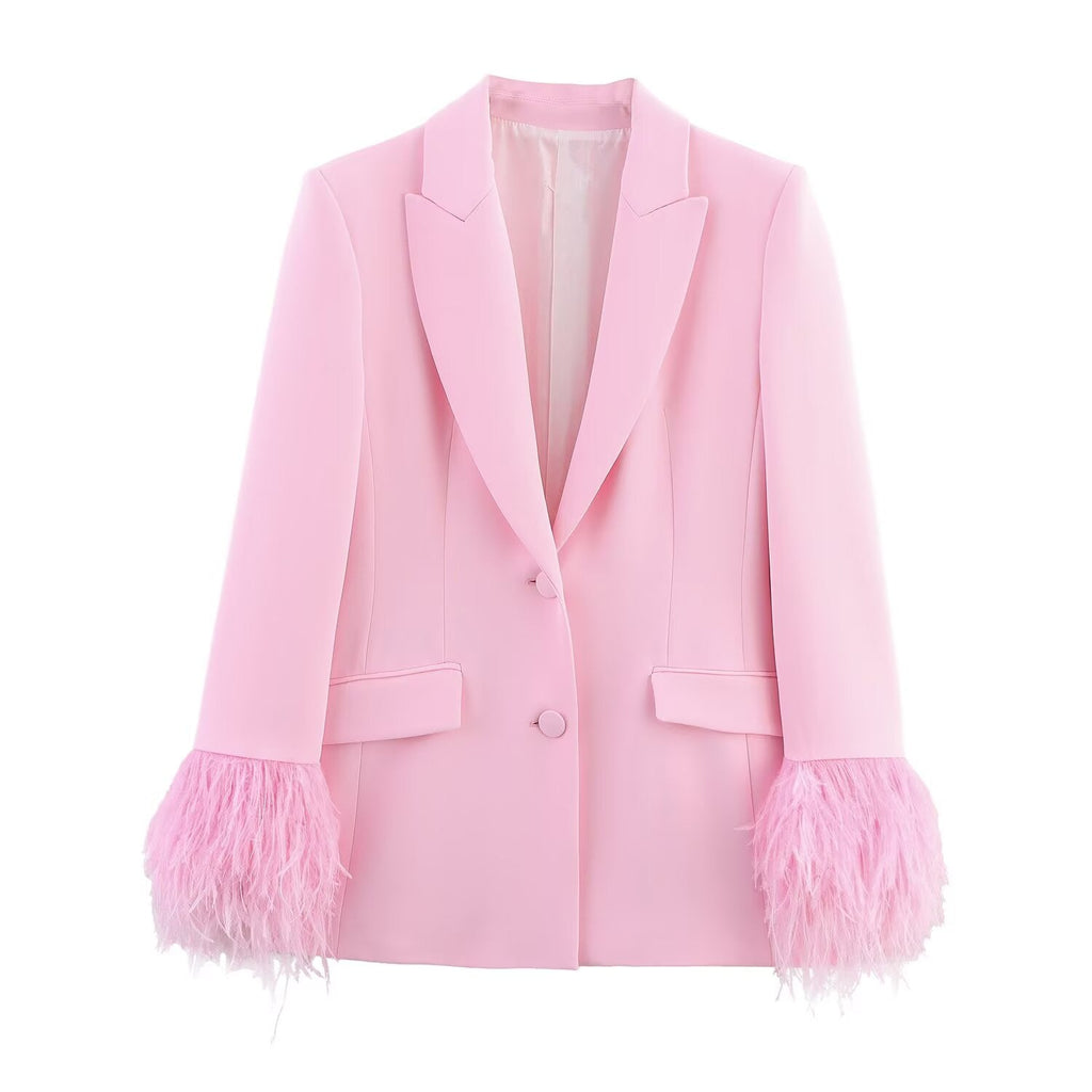 Women's new fashion feather cuff casual single breasted suit jacket+Pants suit