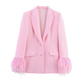 Women's new fashion feather cuff casual single breasted suit jacket+Pants suit