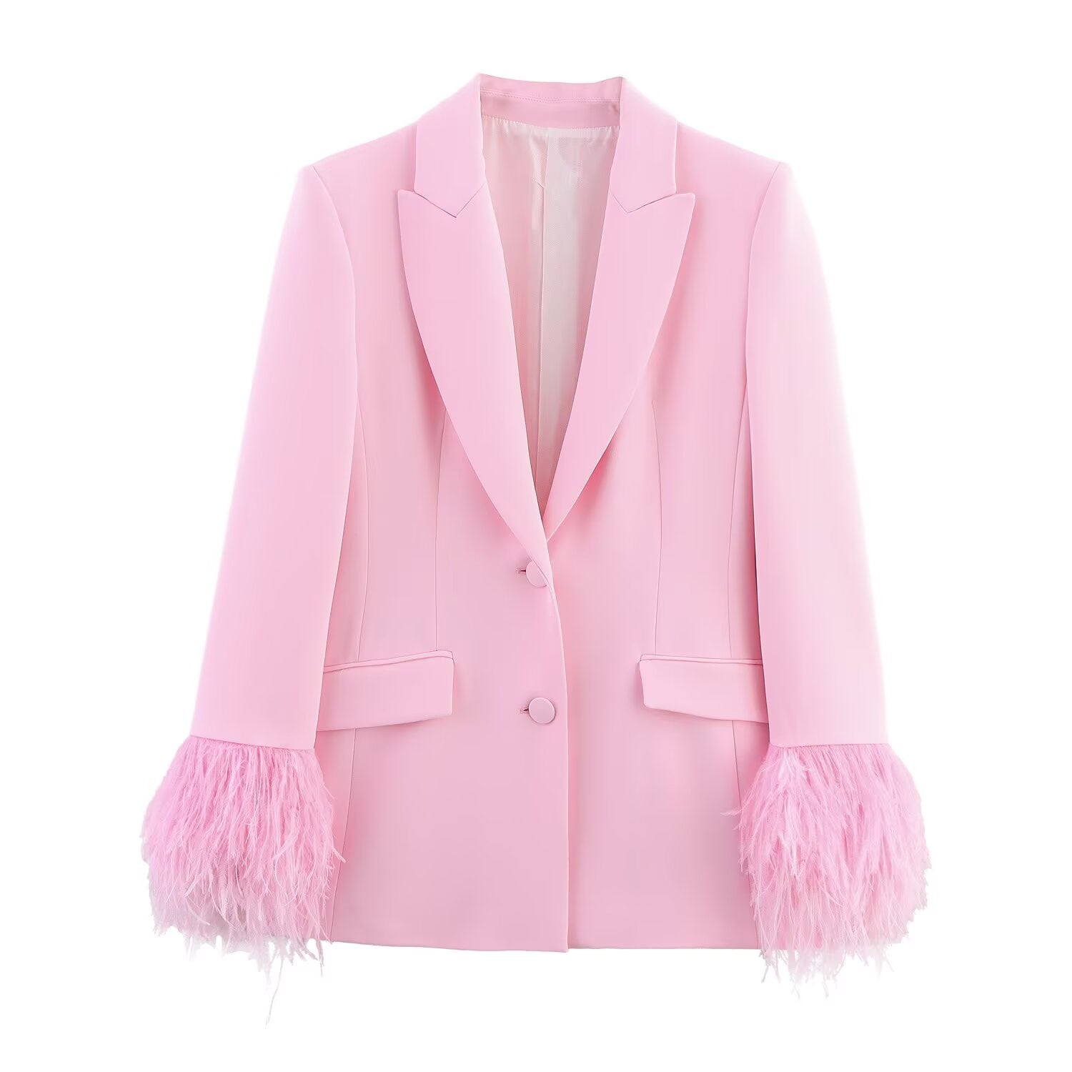 Women's new fashion feather cuff casual single breasted suit jacket+Pants suit