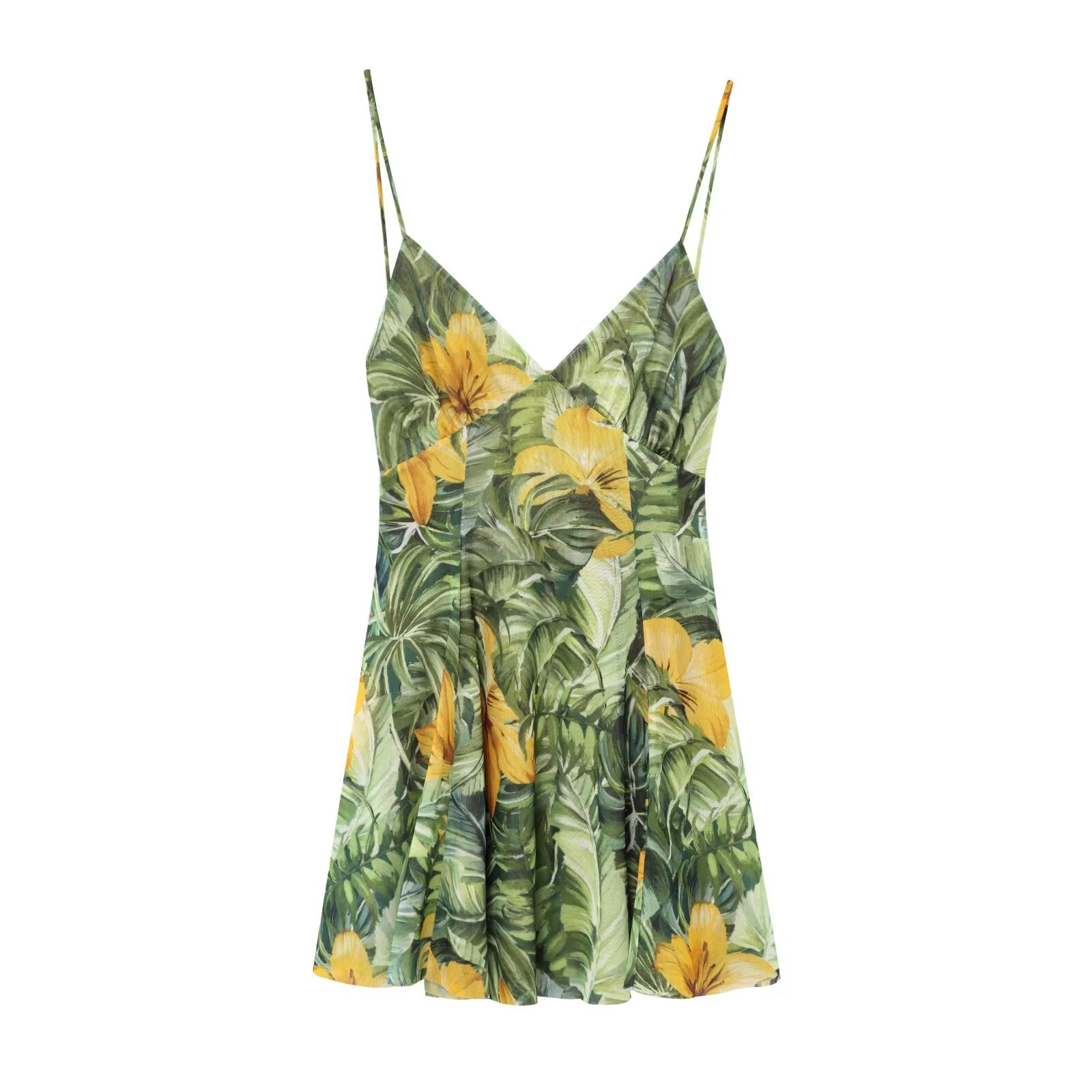 Women's new Fashion slim V-neck printed tulle suspender mini dress