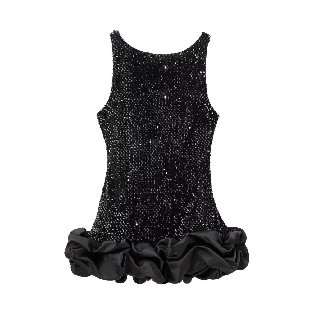 Women's sequined decorative sleeveless backless floral bud dress