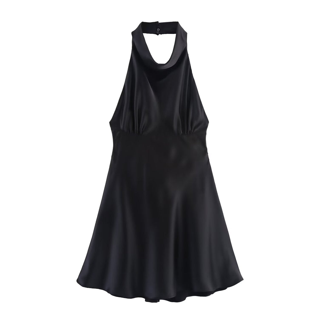 Women's new fashion backless bow decoration satin texture mini dress