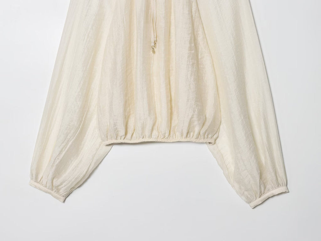 Women's new fashion bubble sleeve short draped pleated shirt