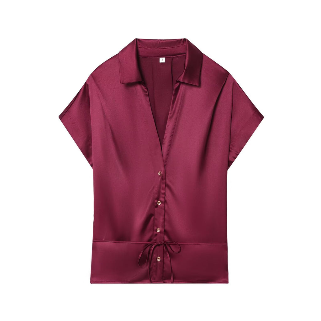 Women's new fashion with Belt short sleeved satin textured shirt+Pants suit