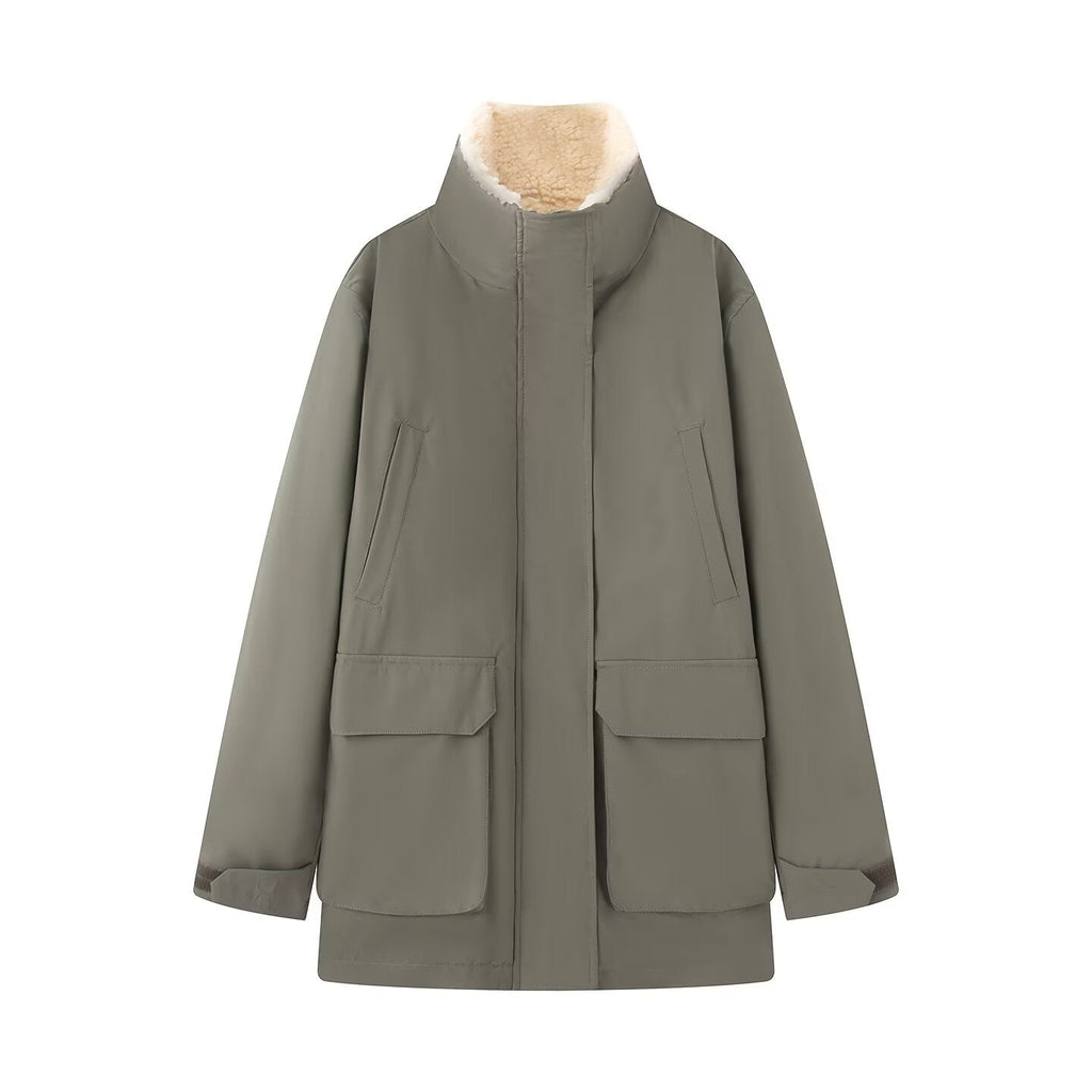 Women's thickened warm spliced lambswool Parkas Coat