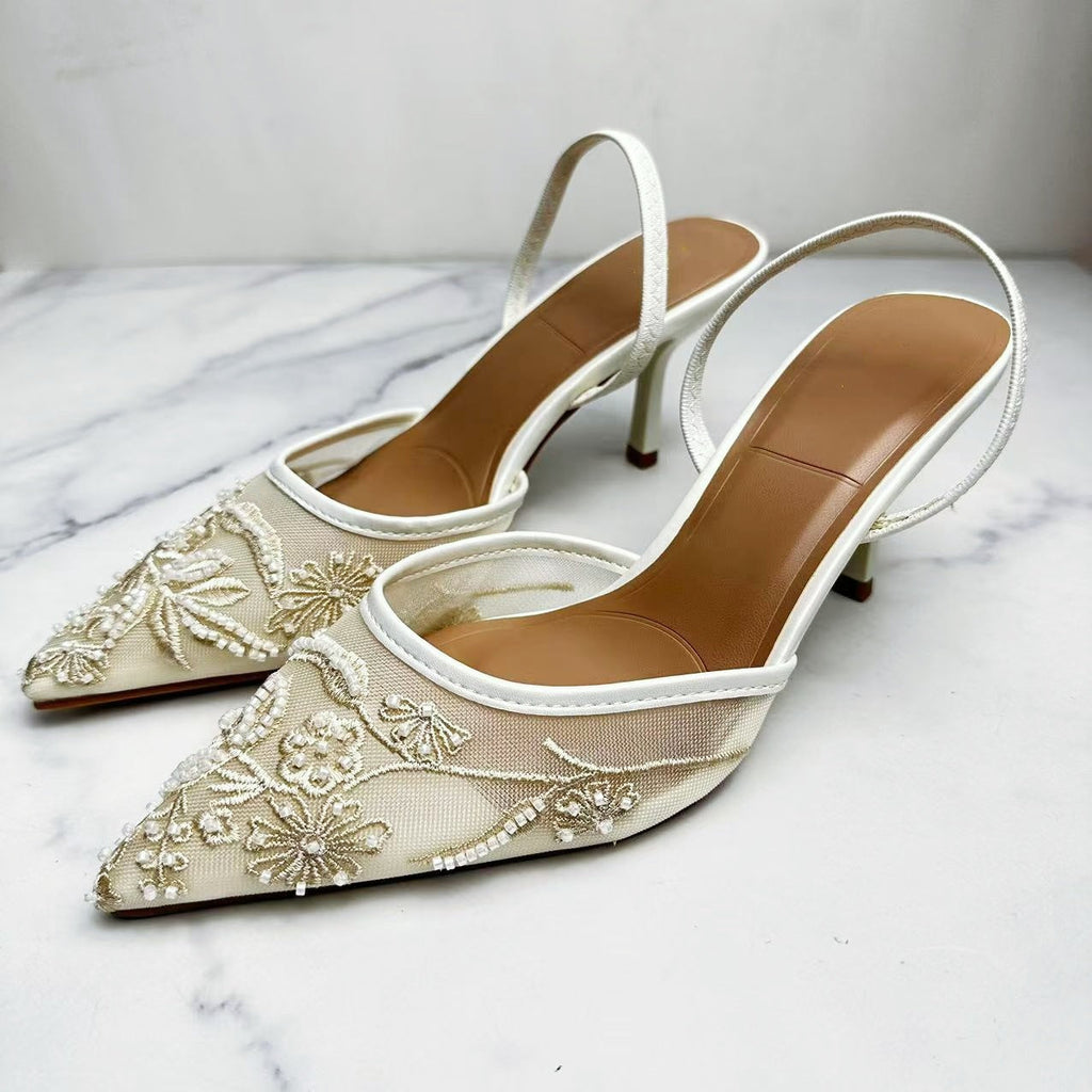 Women's New Fashion Joker Strap Temperament Stiletto Toe Baotou Embroidered Beaded Mesh Sandals.