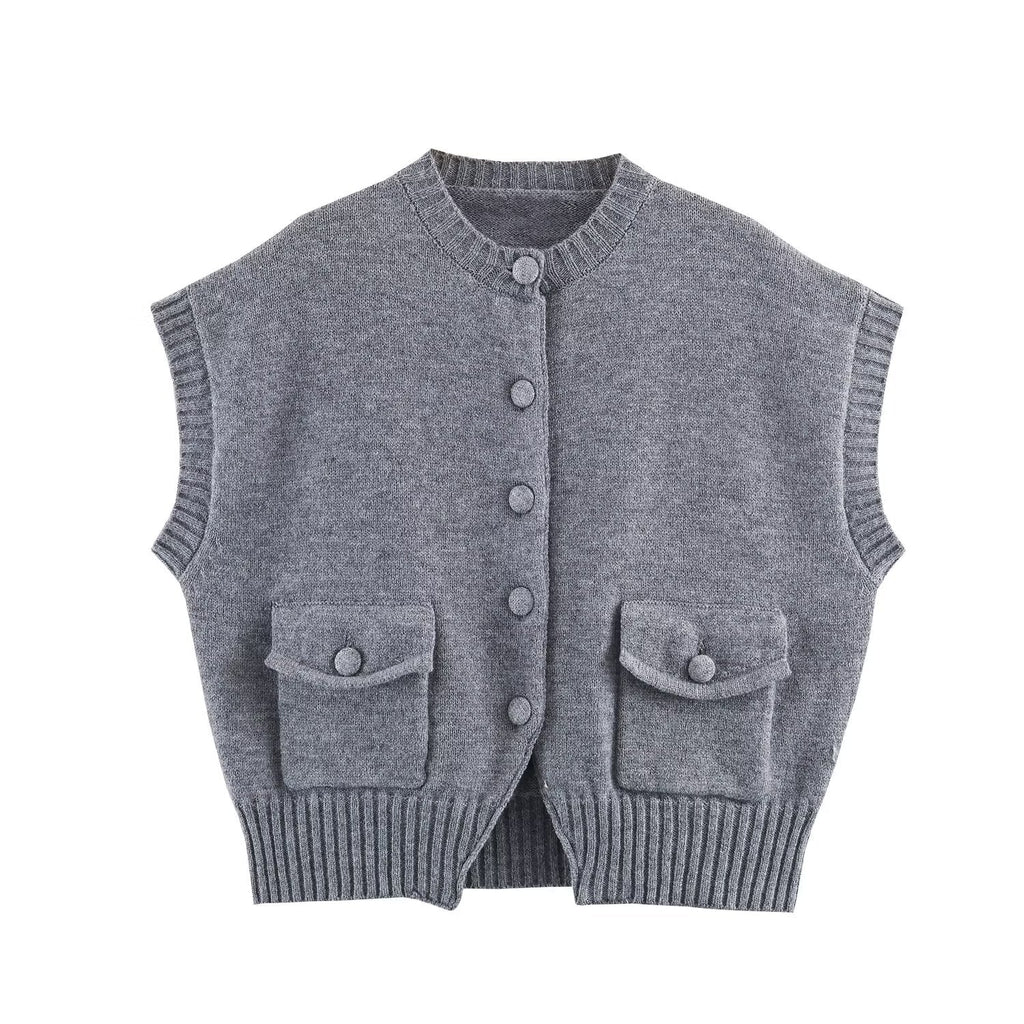 Women's pocket decoration short sleeveless knitted vest