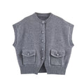 Women's pocket decoration short sleeveless knitted vest