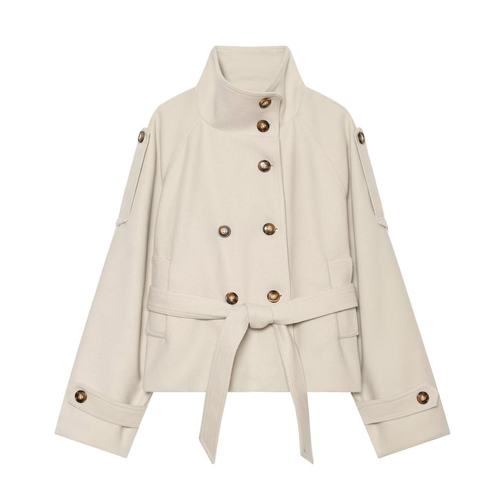Women's with belt standing collar woolen coat