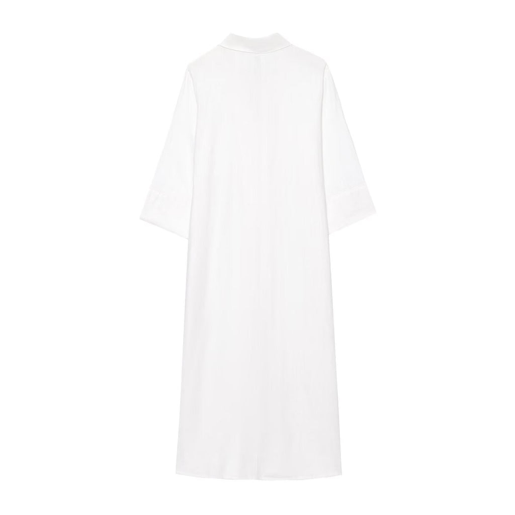 Women's new fashion buckle decoration loose linen blend shirt style MIDI dress