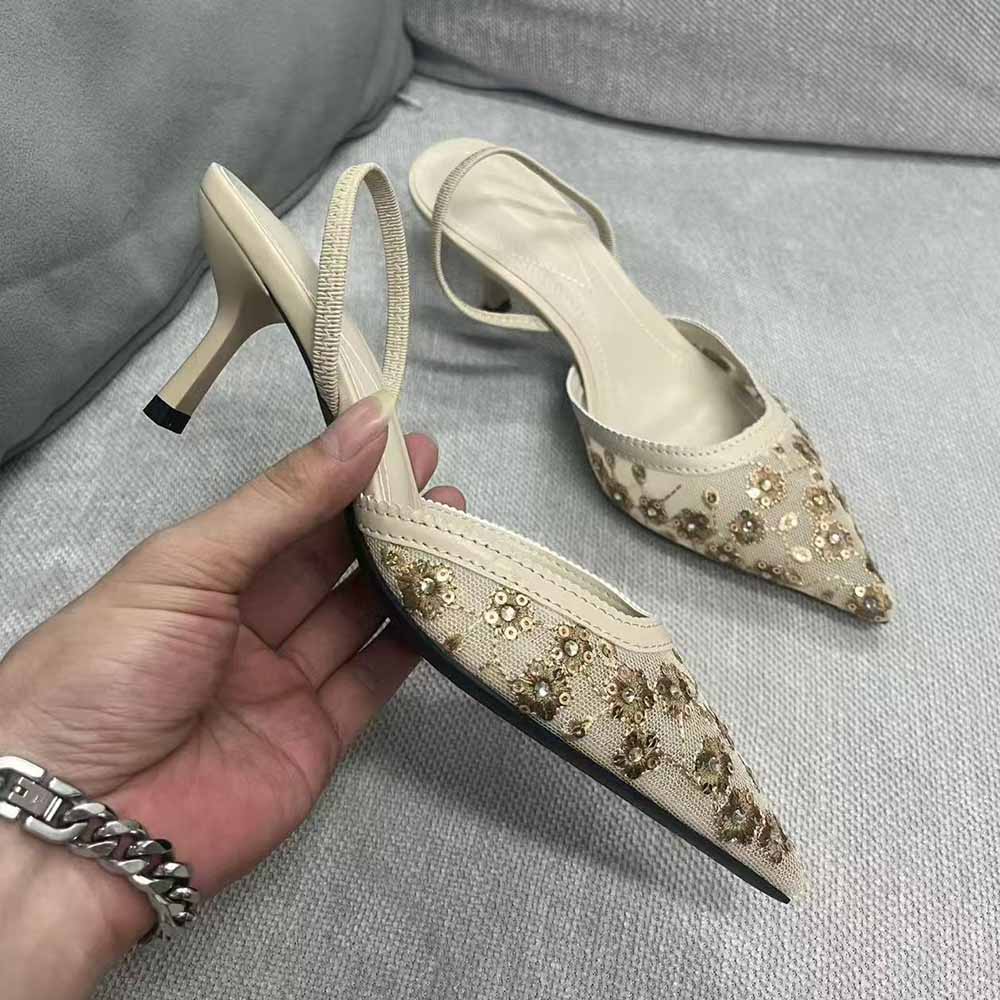 Women's new fashion embroidered bright mesh pointed high heels