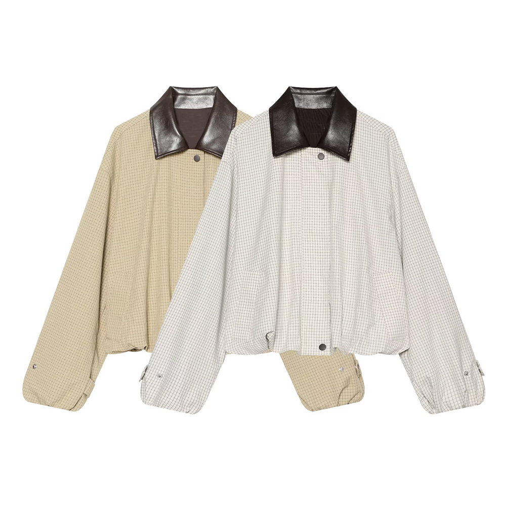 Women's casual plaid contrasting lapel Coat