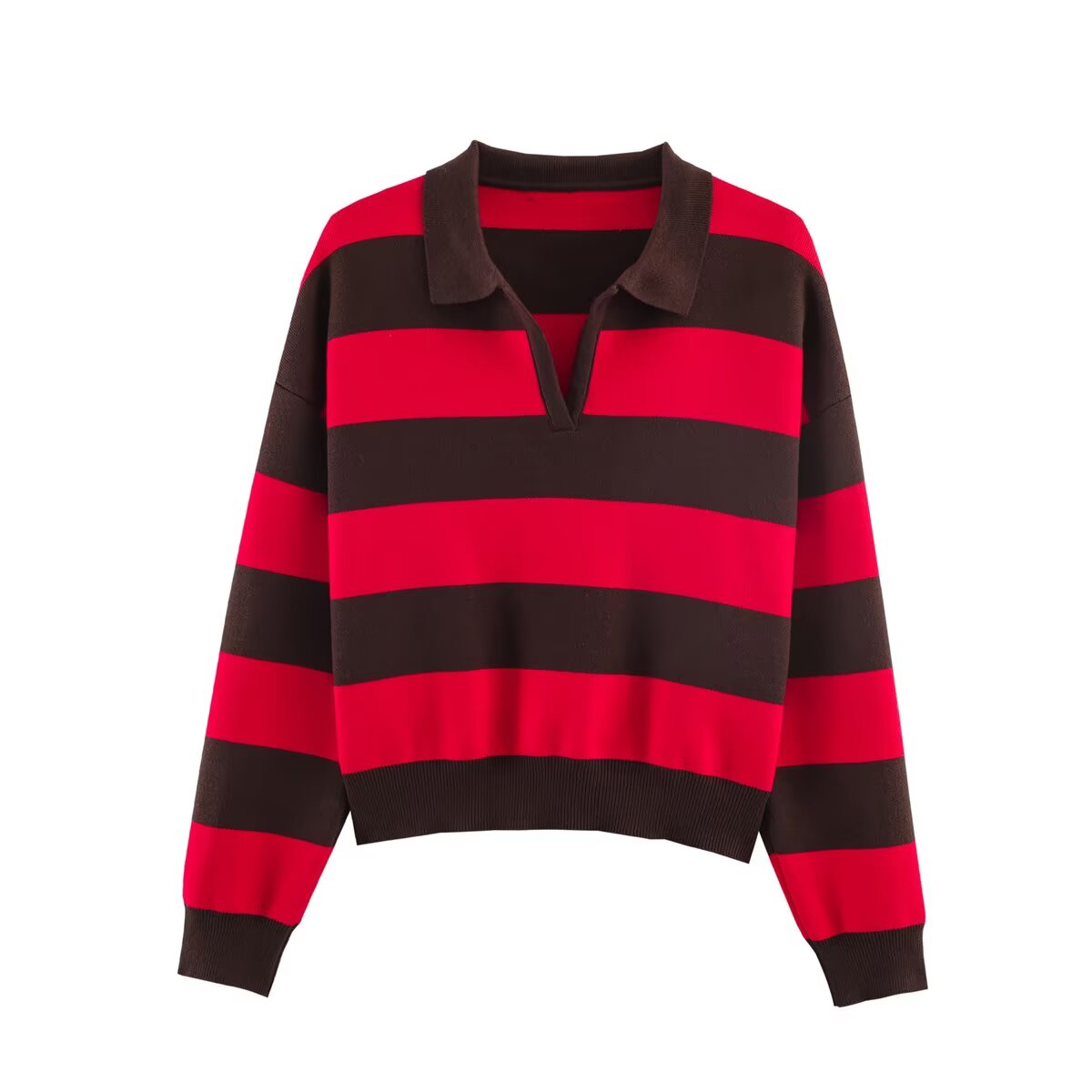 Women's striped polo shirt collar knit sweater