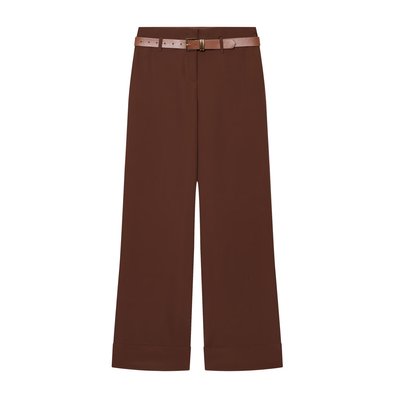 Women's With Belt high waisted straight leg rolled edge pants