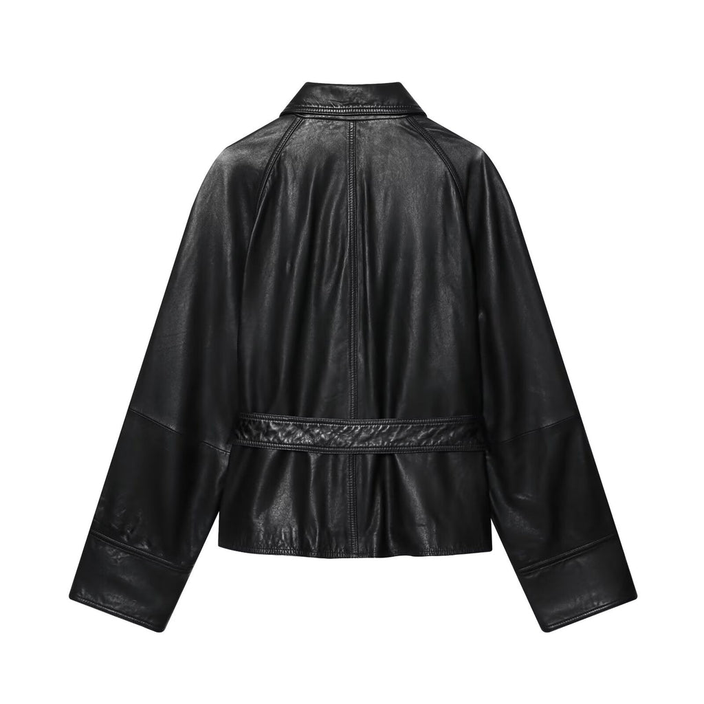 Women's with Belt Black Faux Leather Lapel Coat