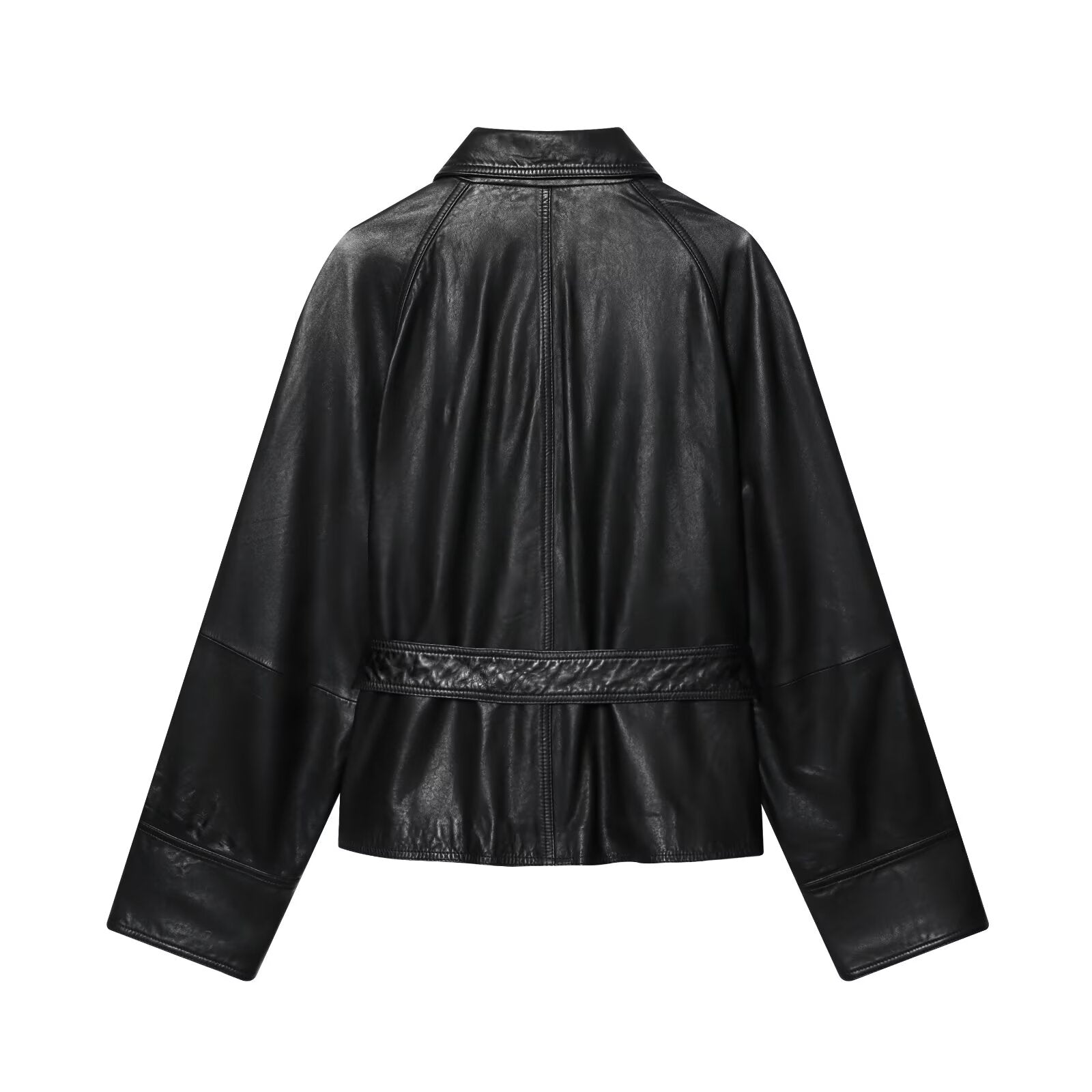 Women's with Belt Black Faux Leather Lapel Coat