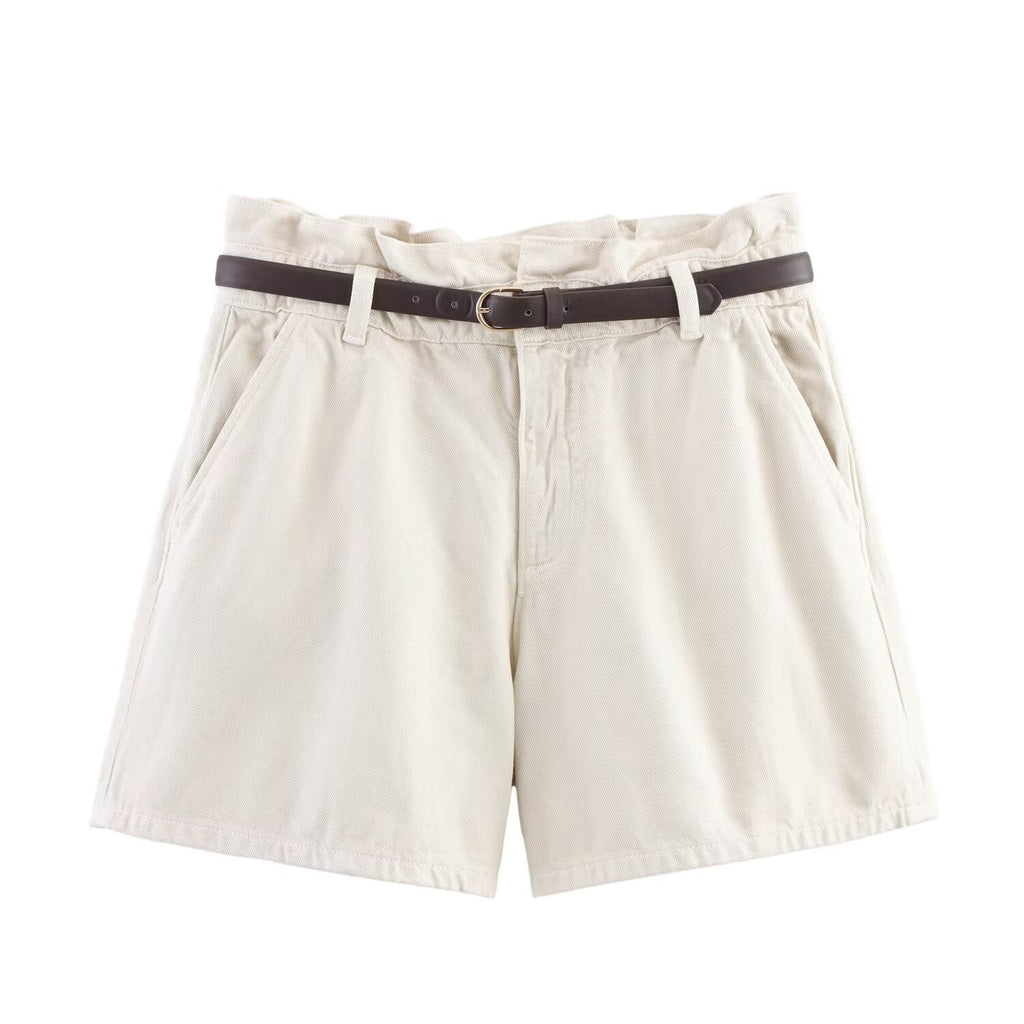 Women's new fashion with Belt paper bag style casual high waisted denim shorts