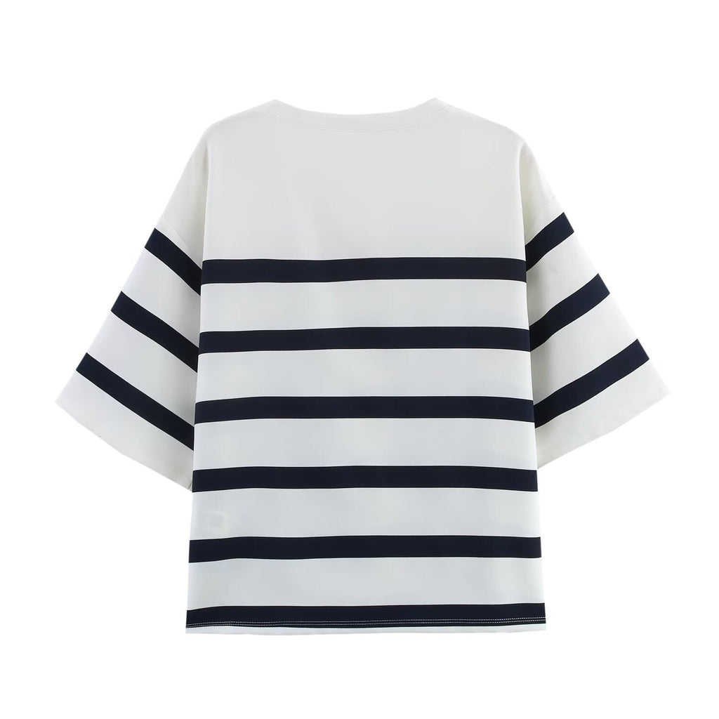 set woman 2 pieces2025 Fashion Striped short-sleeved Tops Vintage Female + high waist shorts Women's suit
