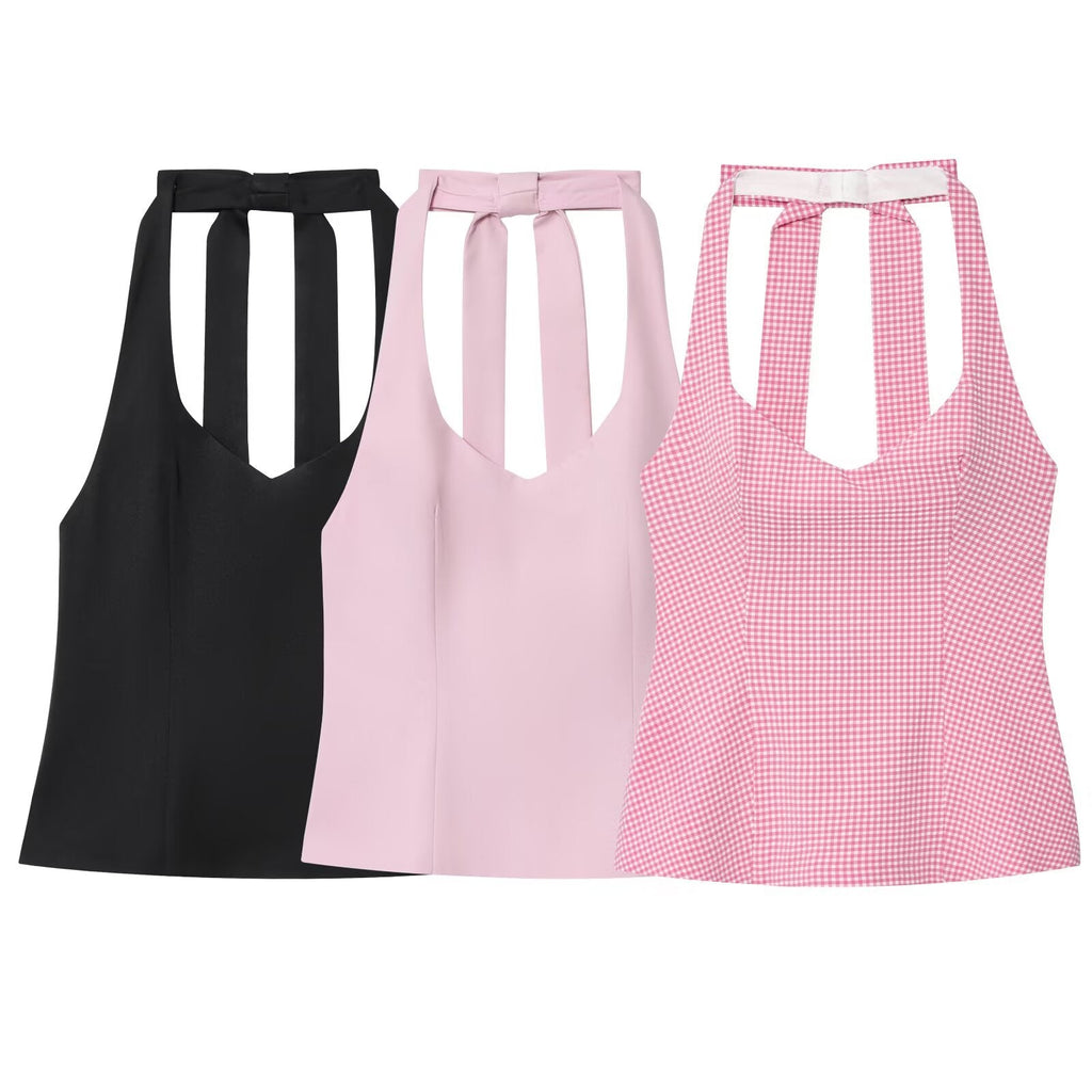 Women's new fashion back bow decoration tight hanging neck top