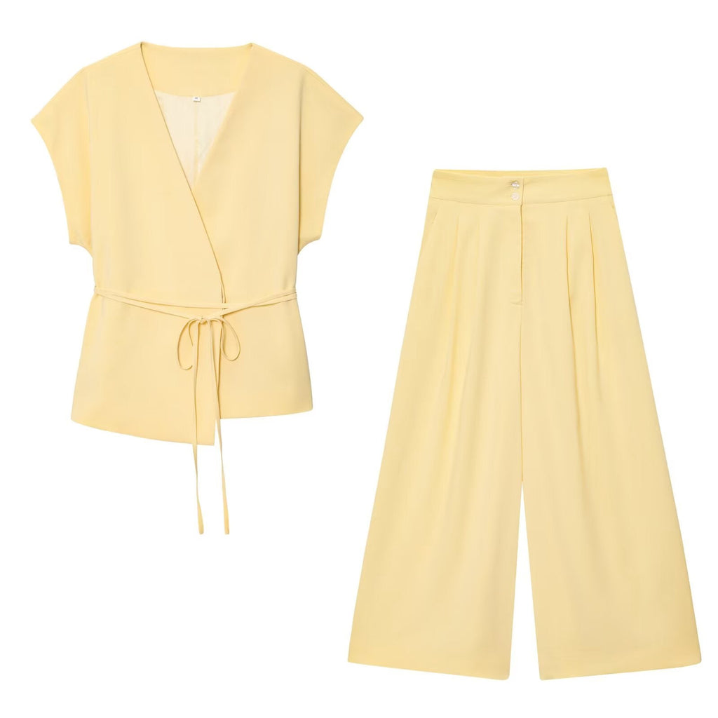 Women's new fashion with Belt casual linen blend V-neck vest+Pants suit