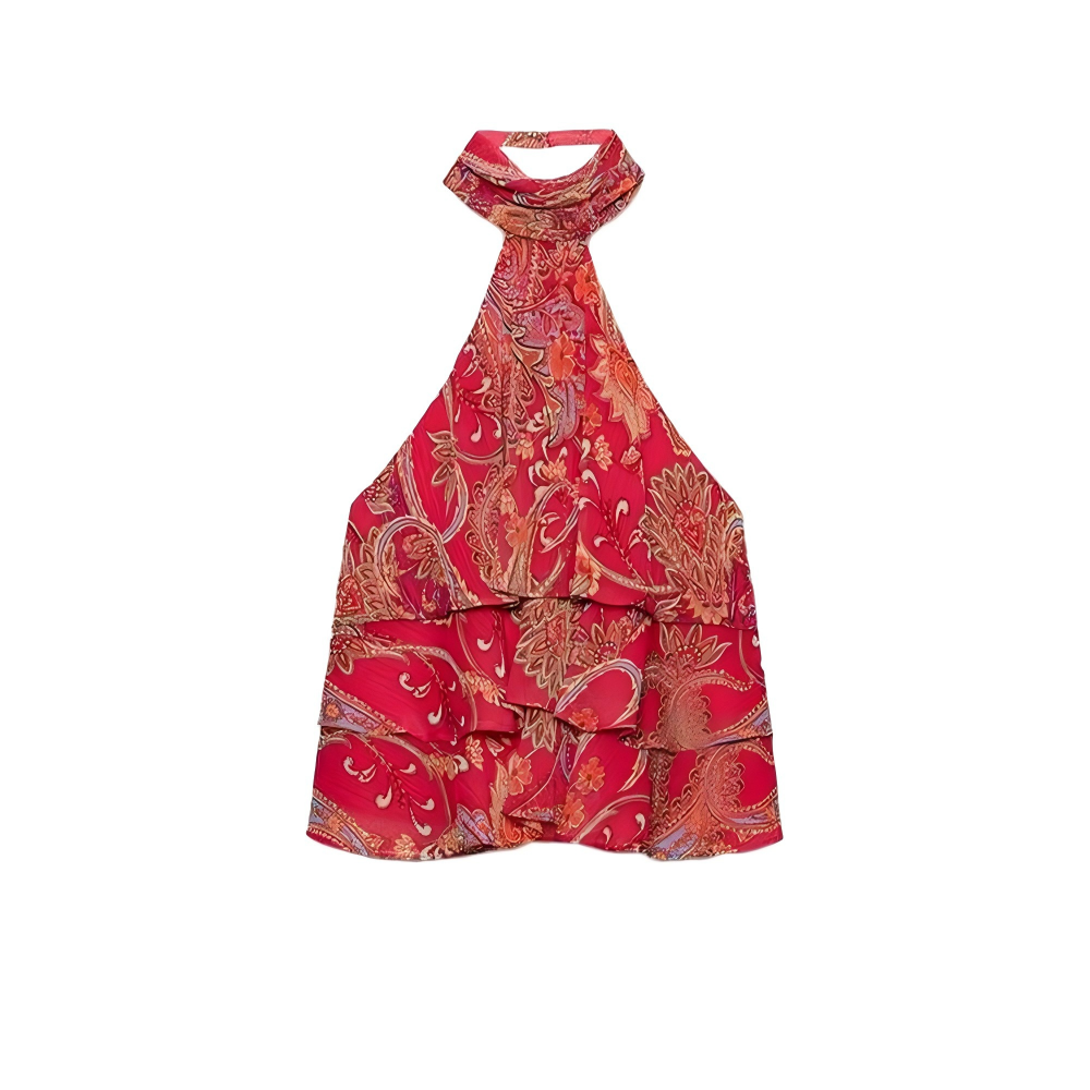 suit Women's 2 pieces printed hanging collar top+Skirts