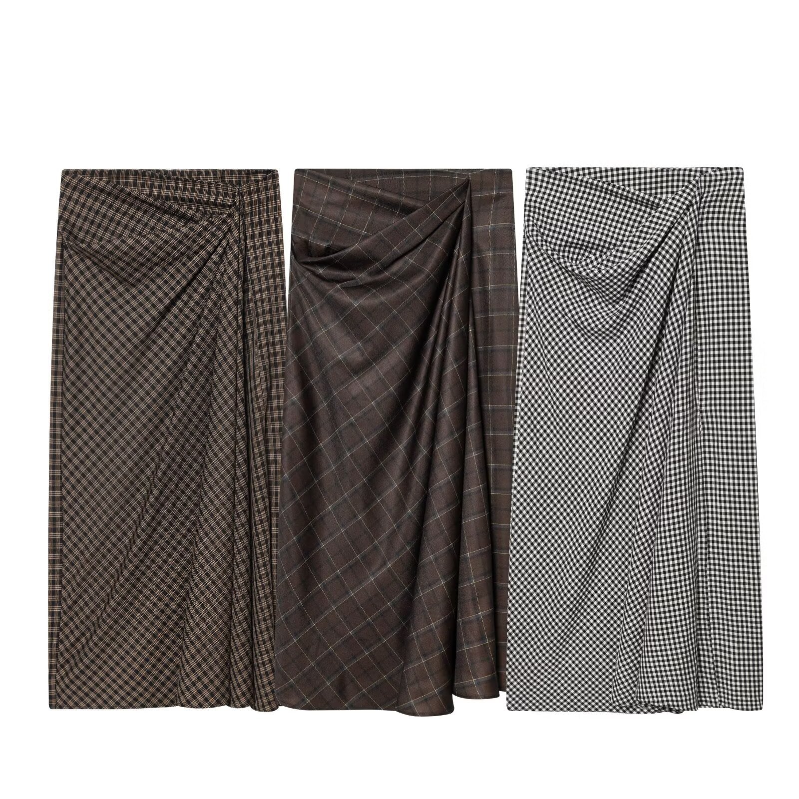 Women's pleated decorative plaid MIDI skirt