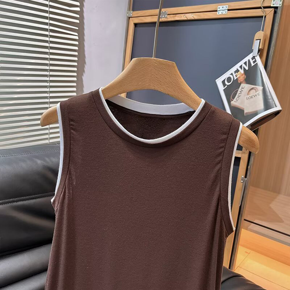 Women's New Fashion Two tone Edge O Neck Sleeveless vest T-shirt