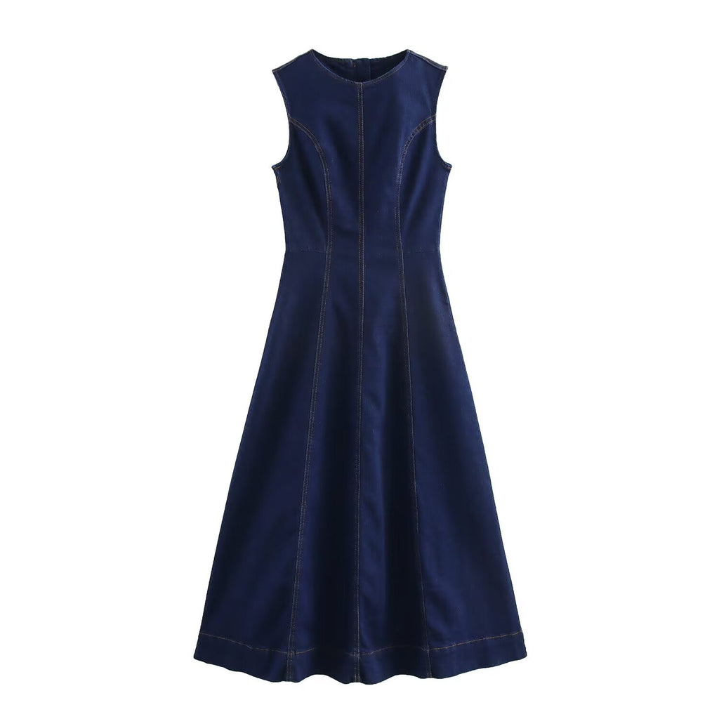 Women's new chic Fashion slim fit casual versatile wide pleated denim Midi dress retro round neck long sleeved women's dress Mujer