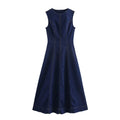 Women's new chic Fashion slim fit casual versatile wide pleated denim Midi dress retro round neck long sleeved women's dress Mujer