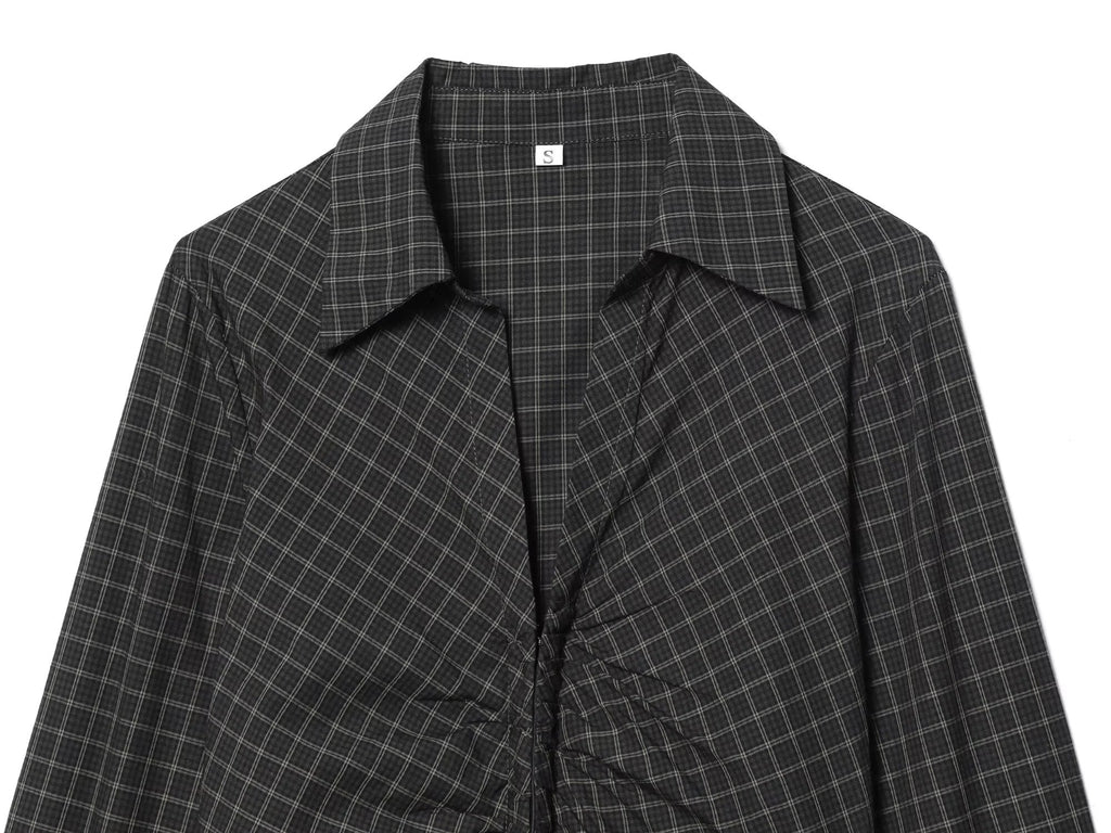 Women's pleated decorative slim plaid top