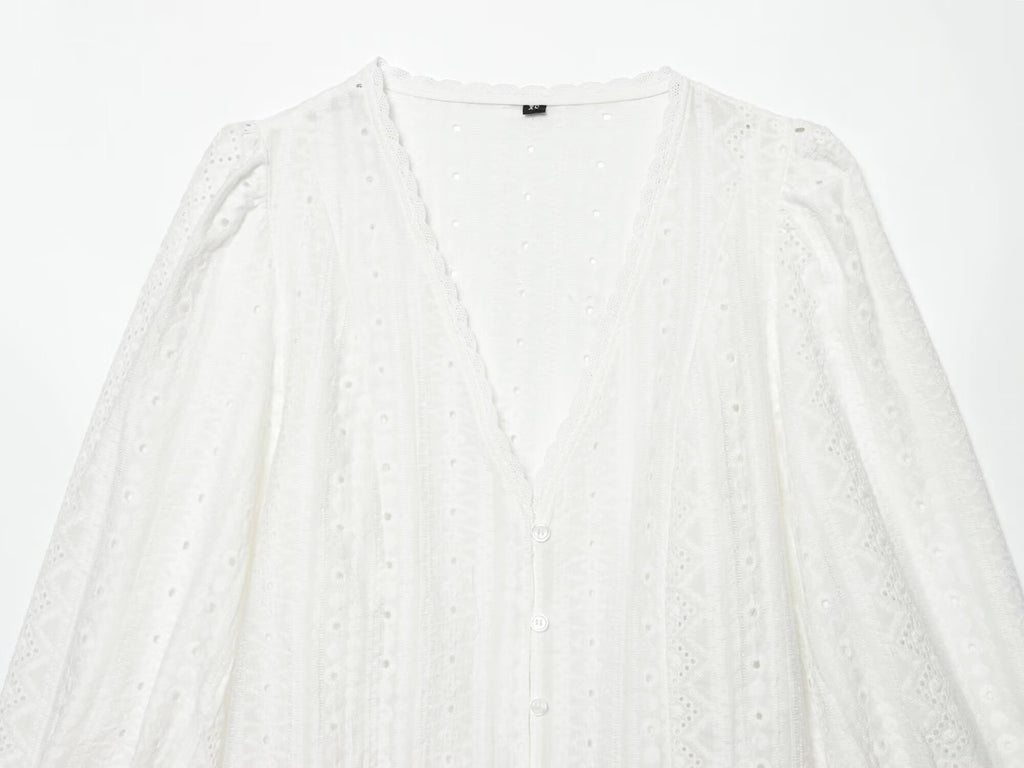 Women's hollowed out embroidered V-neck shirt