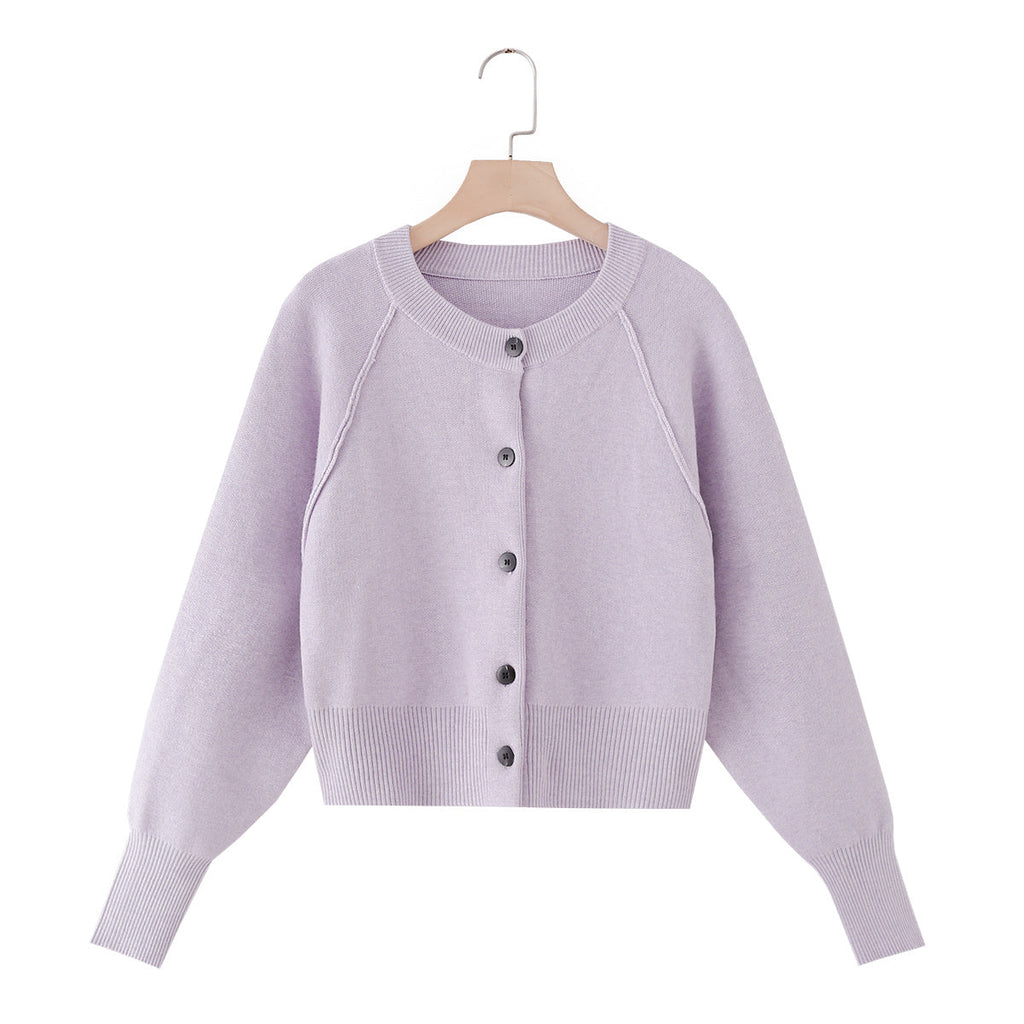 Women's short O Neck long sleeved knitted Coat