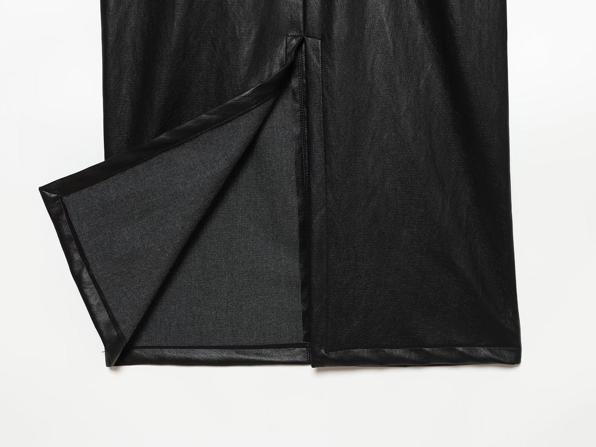 Women's black slim leather effect MIDI dress