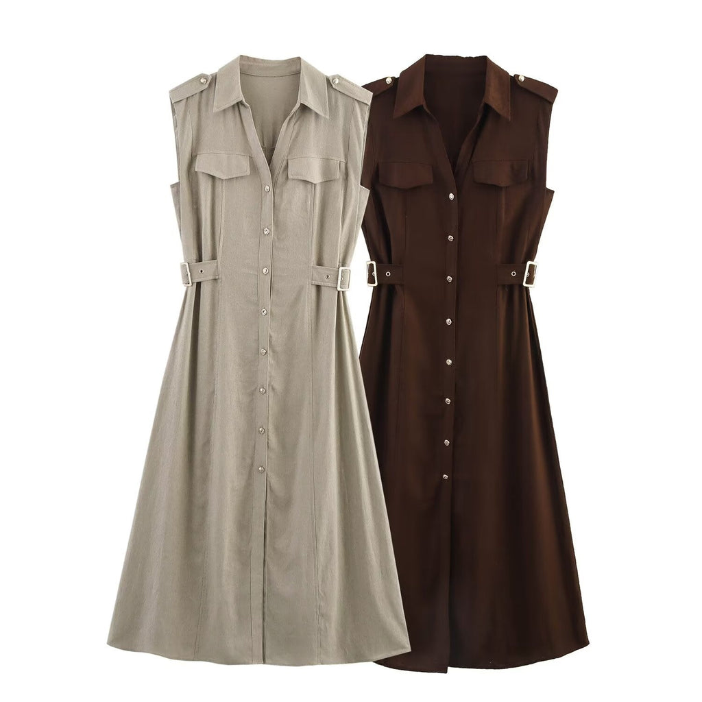 Women's new chic fashion flip decoration casual single breasted linen blended MIDI dress retro sleeveless women's dress
