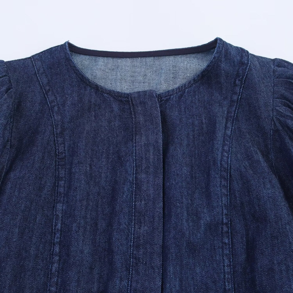 Women's new chic fashion bubble short sleeved denim MIDI dress