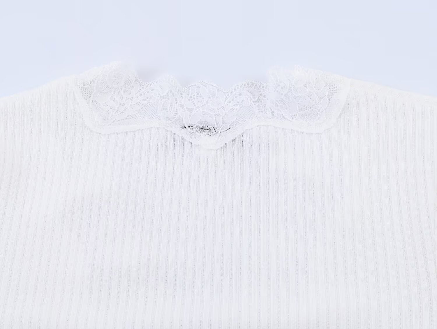 Women's slim V-neck lace ribbed T-shirt