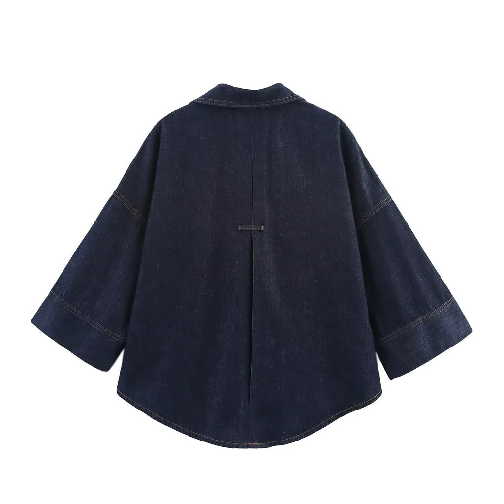 Women's new fashion wide sleeved single breasted denim shirt+Jeans suit