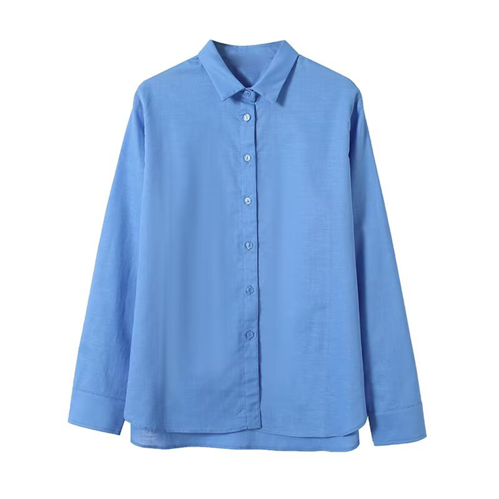 Women's solid color linen blend long sleeved shirt