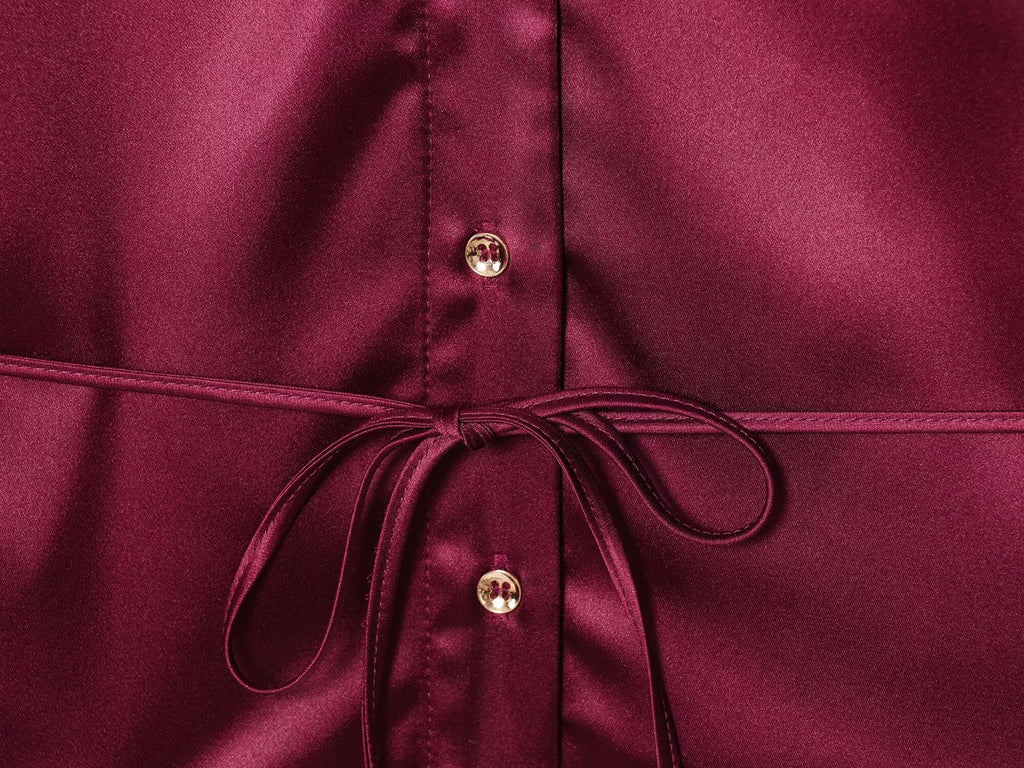 Women's new fashion with Belt short sleeved satin textured shirt+Pants suit