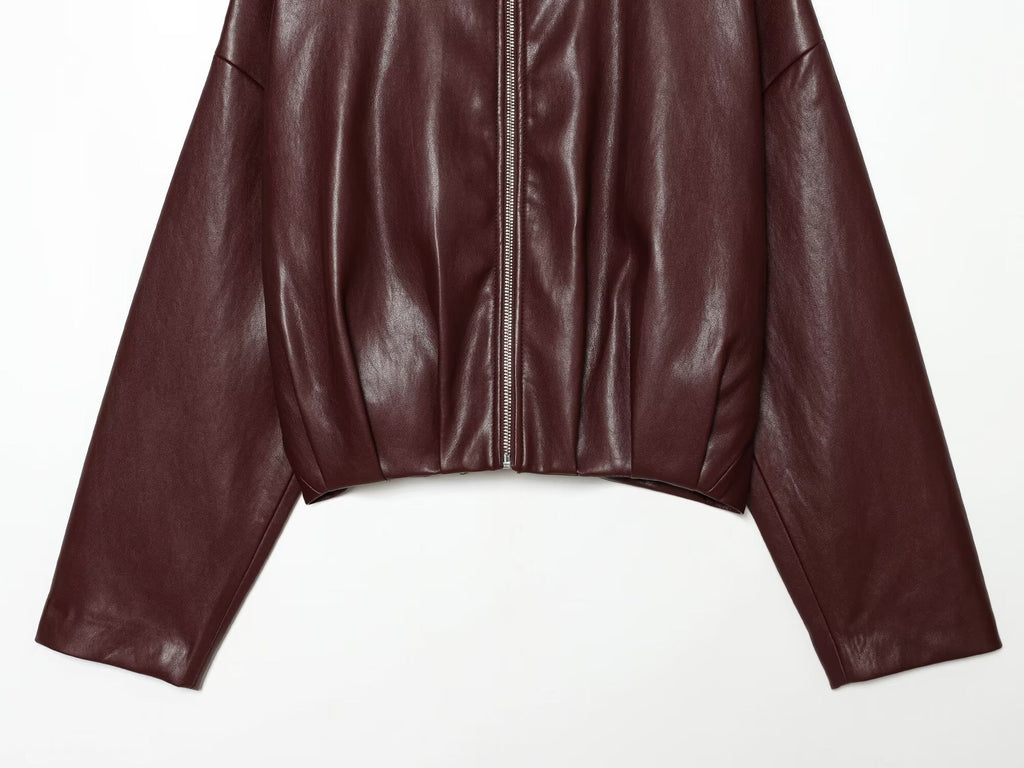 Women's casual versatile faux leather zipper Coat