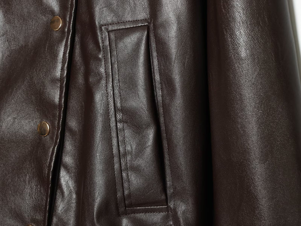 Women's leather effect standing collar pilot jacket Coat