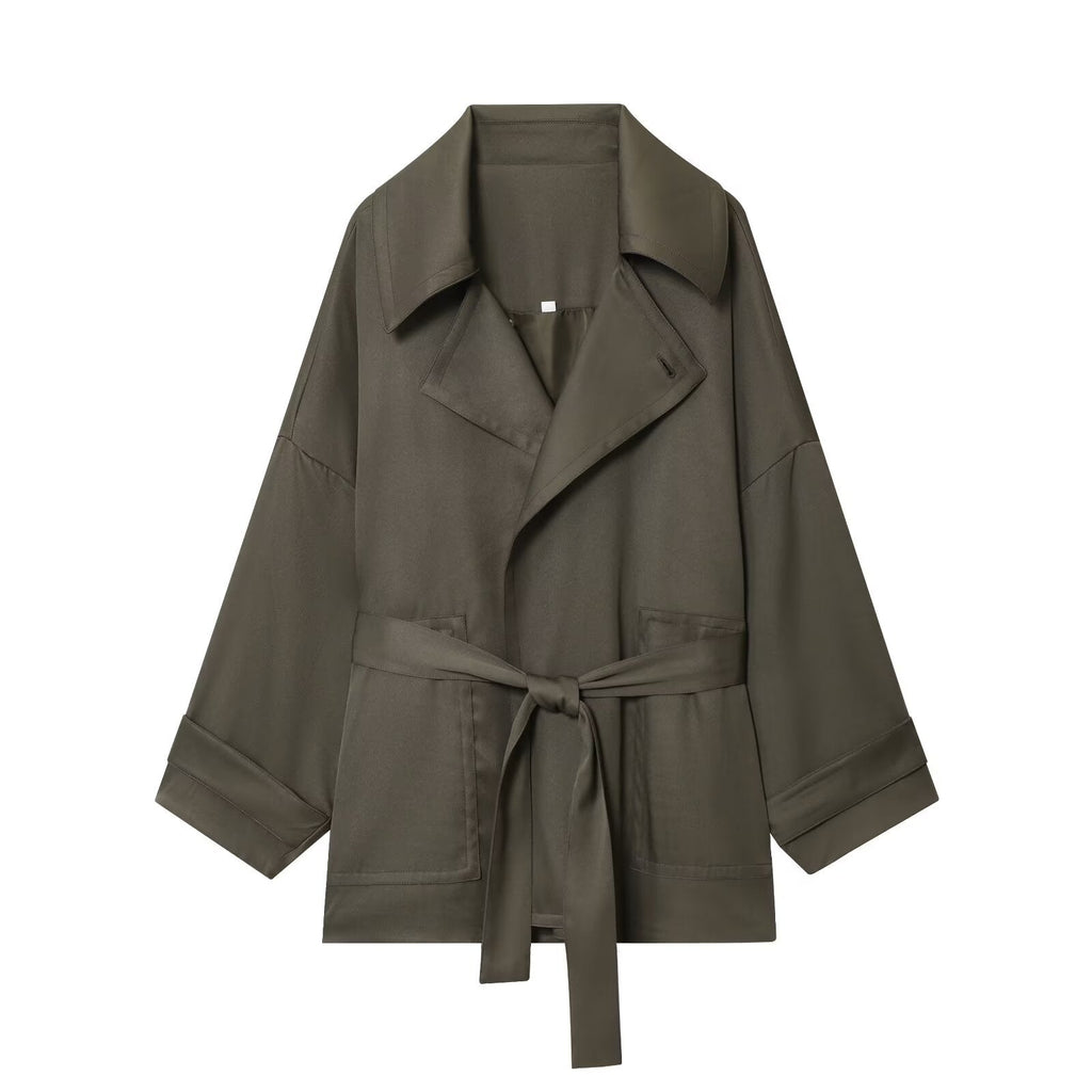 Women's New Fashion With Belt Loose Button-up Lapel Coat+Pants Suit