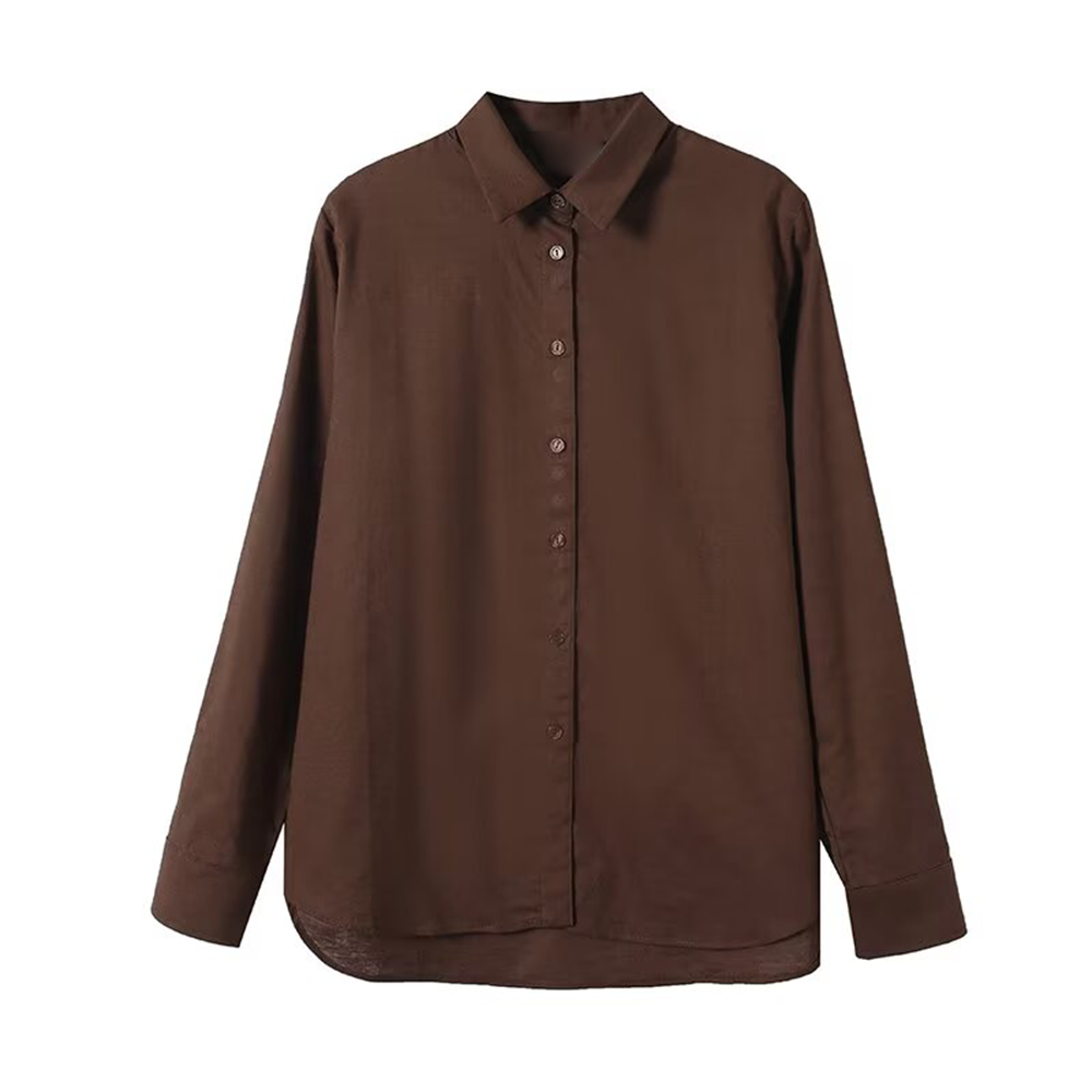 Women's solid color linen blend long sleeved shirt