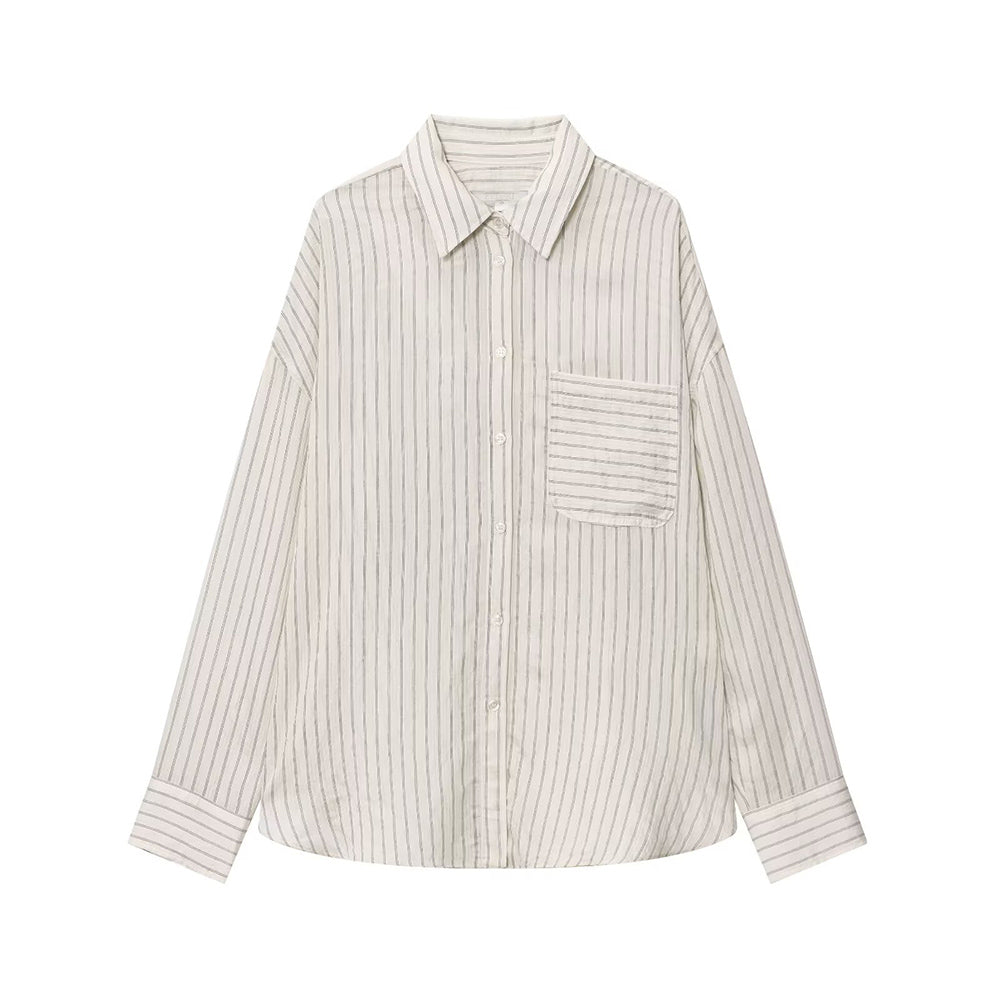 Women's new fashion loose striped lapel long sleeved shirt