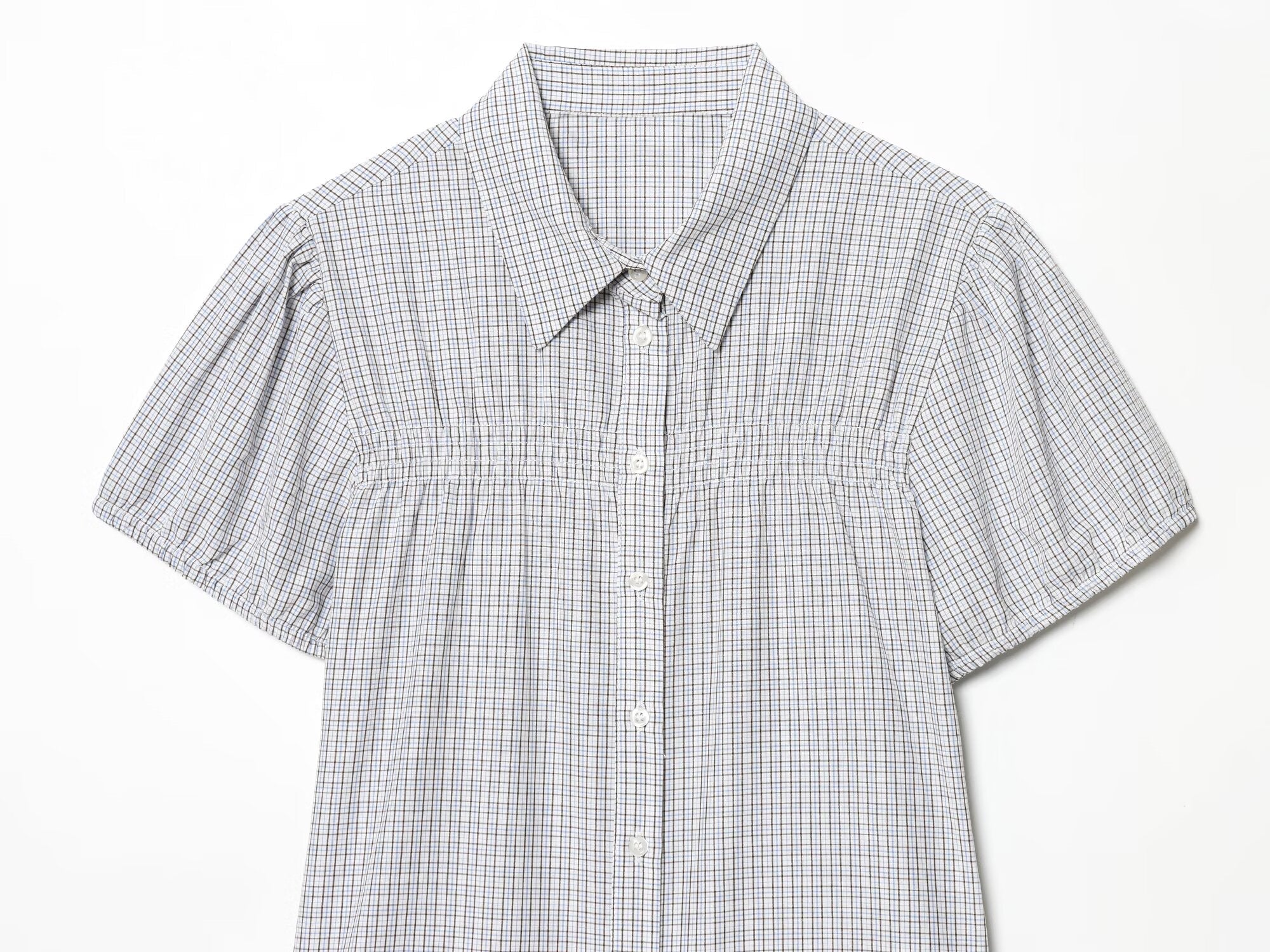 Women's short sleeved plaid elastic poplin shirt