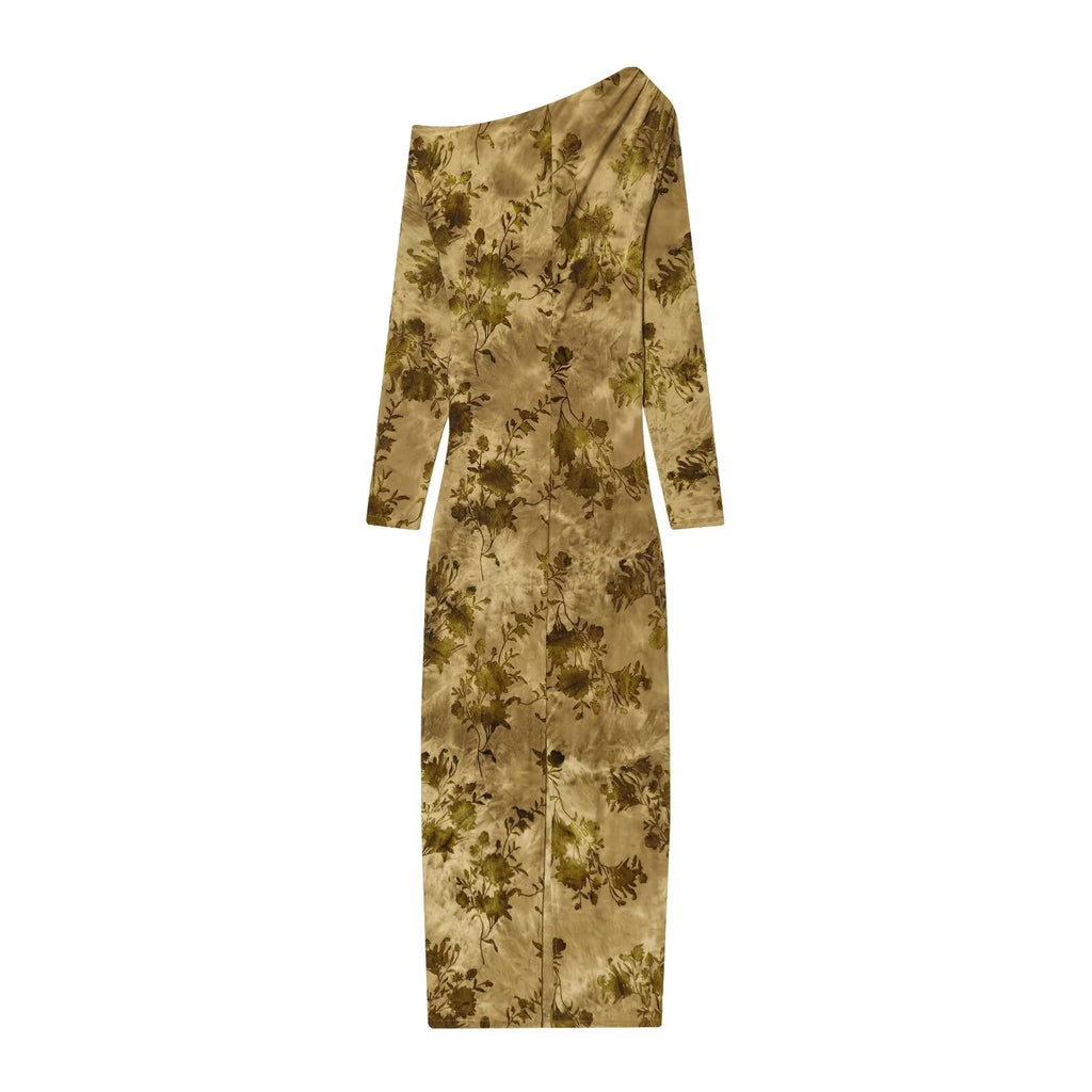 Women's new flocking pleated decoration slim off shoulder MIDI dress