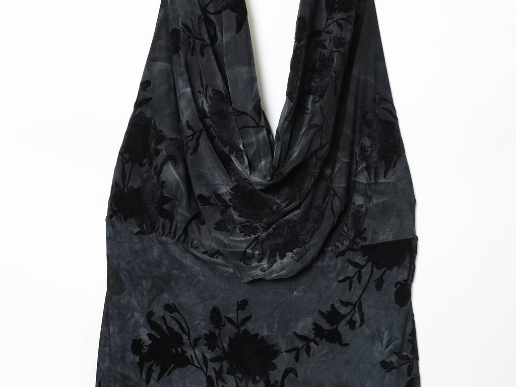 Women's New Flocking Printed Hanging Neck Midi Dress