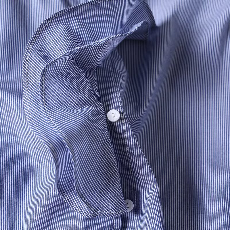 Women's ruffled high neck cotton striped shirt
