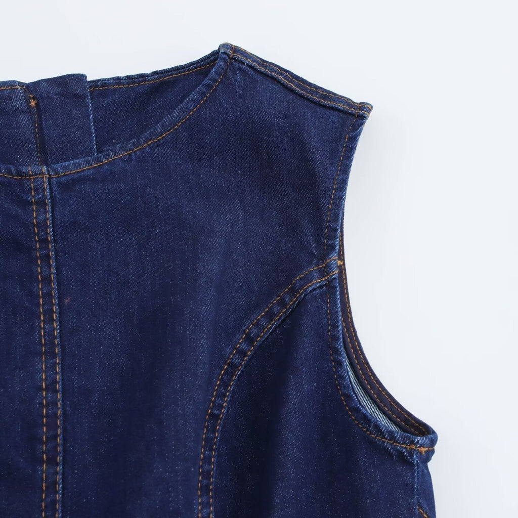Women's new chic Fashion slim fit casual versatile wide pleated denim Midi dress retro round neck long sleeved women's dress Mujer